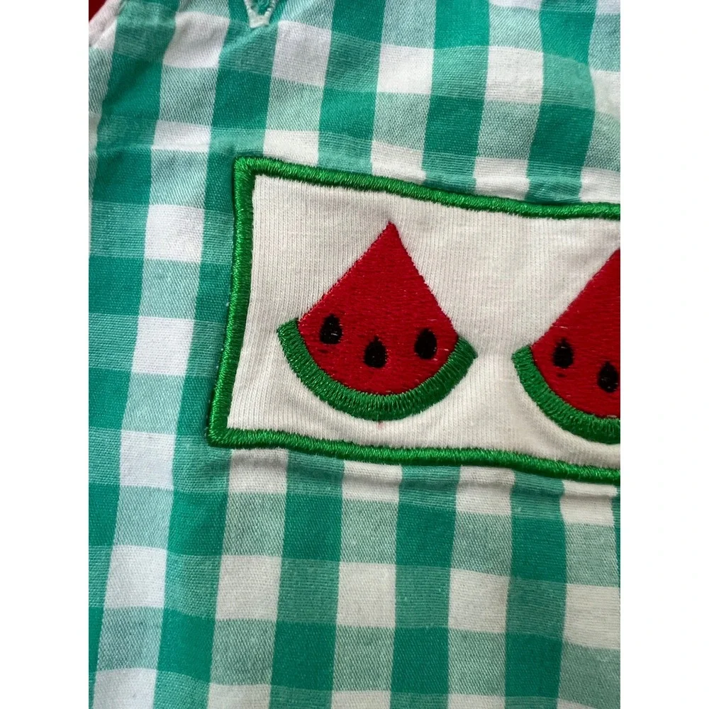 Honey Bean Shortall Green Gingham Watermelon Applique Romper 18M